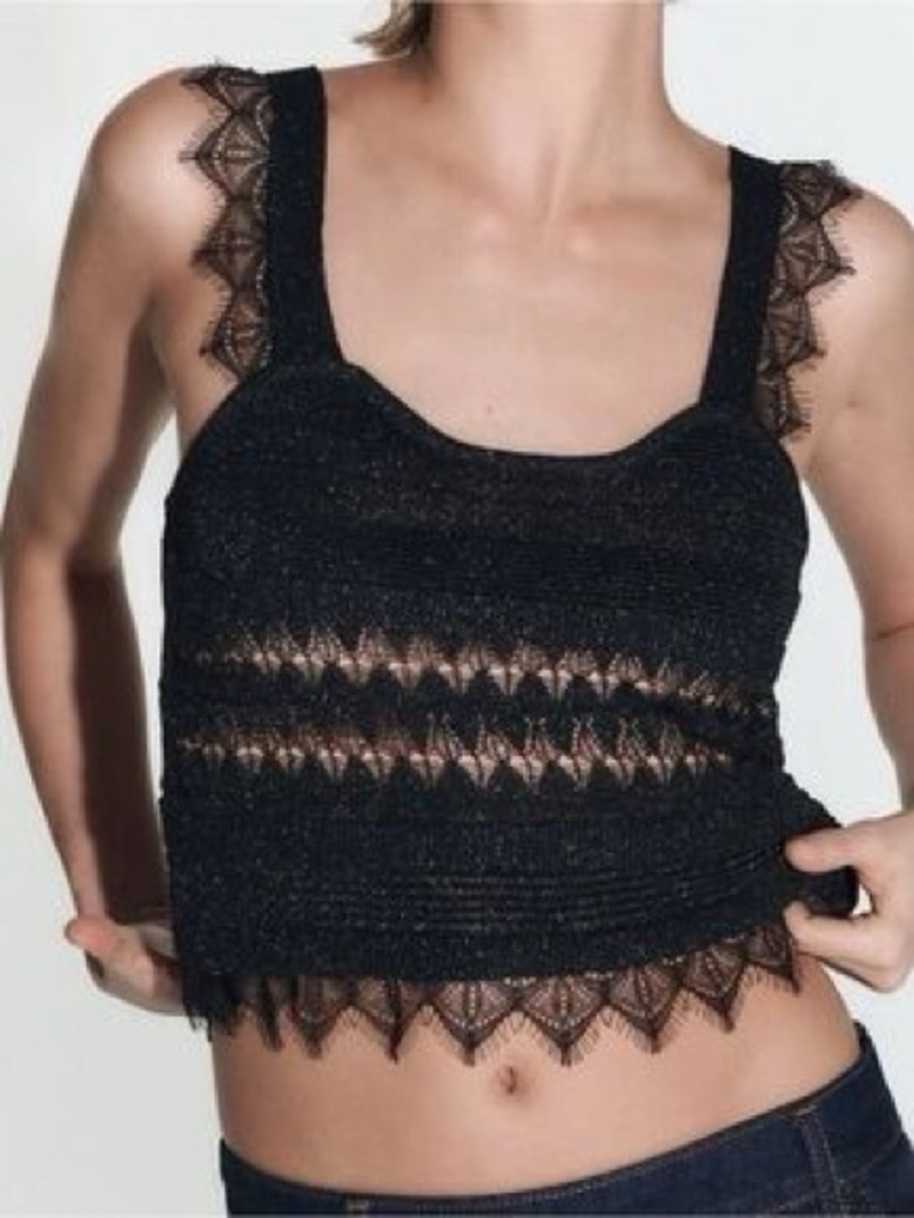 Zara Black knit pointelle crop top with delicate eyelash lace trim along straps